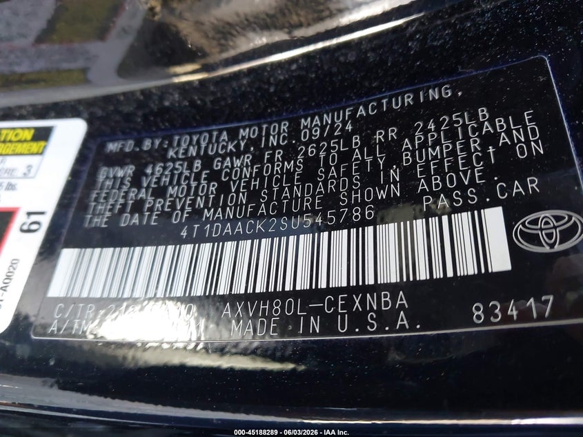 VIN 4T1DAACK2SU545786 2025 TOYOTA CAMRY LE