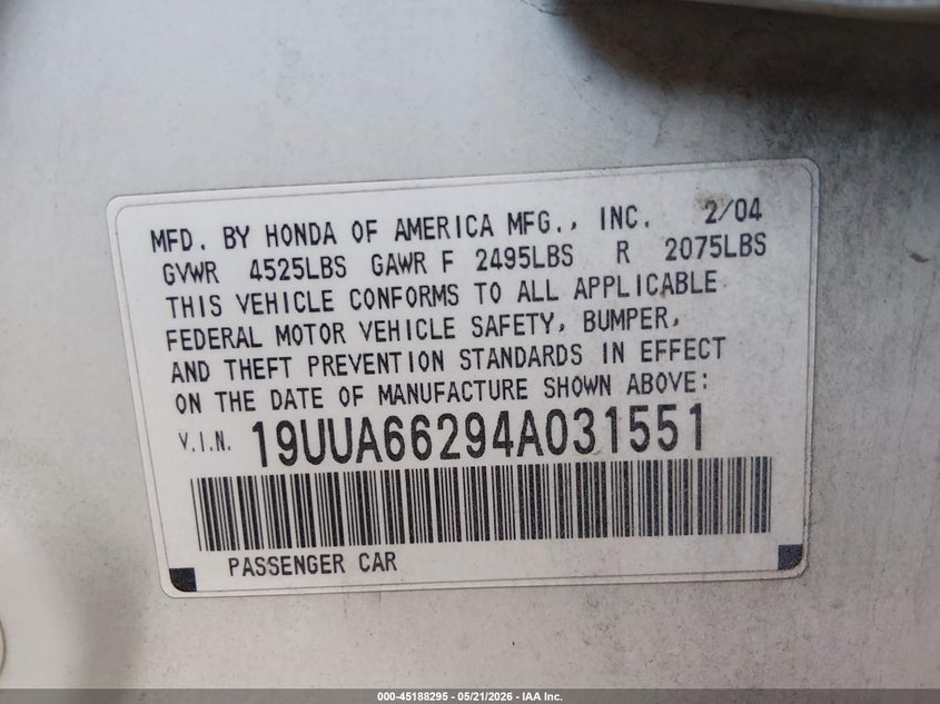 2004 Acura Tl VIN: 19UUA66294A031551 Lot: 45188295