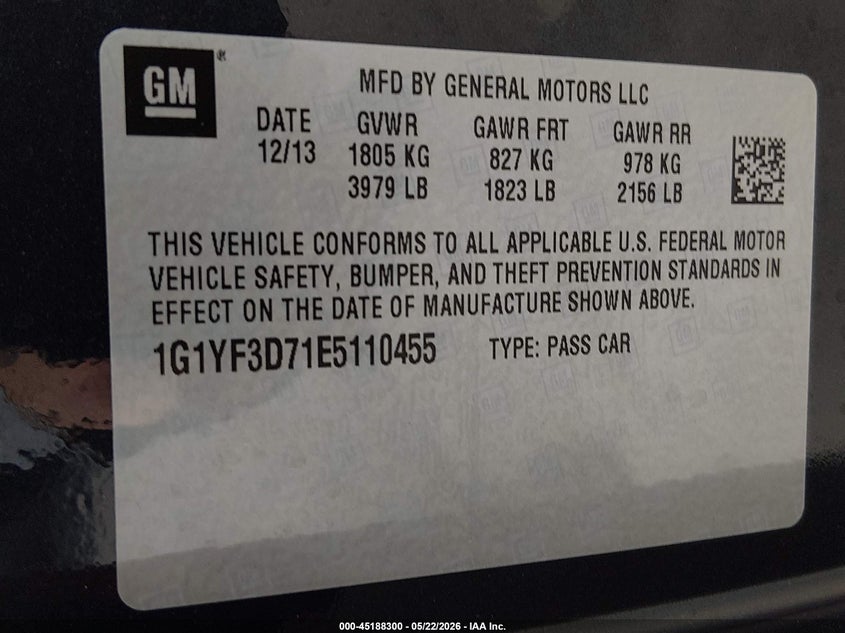 2014 Chevrolet Corvette Stingray VIN: 1G1YF3D71E5110455 Lot: 45188300