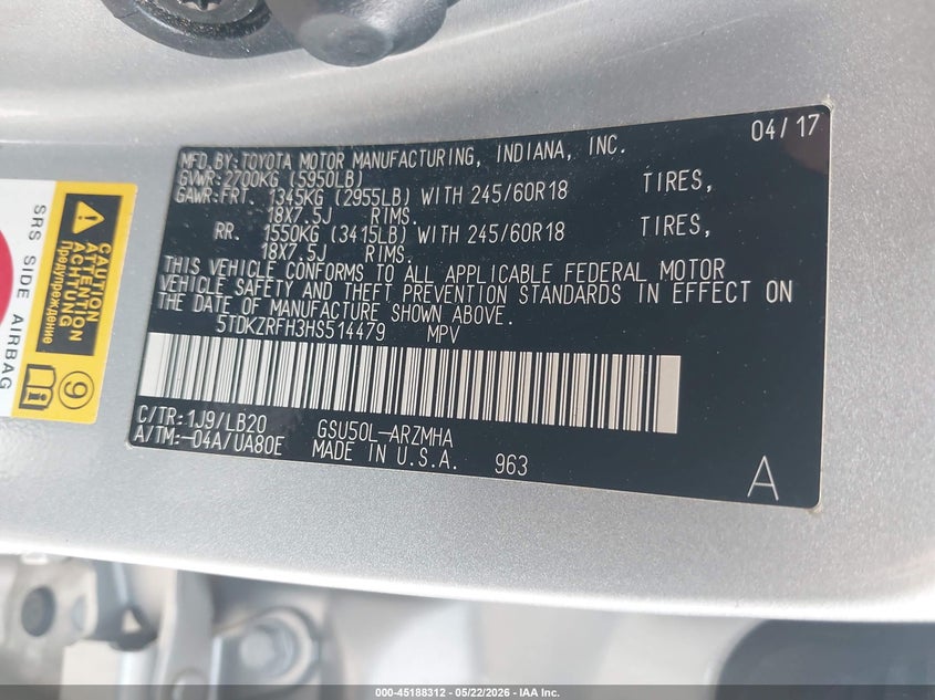 2017 TOYOTA HIGHLANDER SPORT UTILITY VEHICLE 3.5L V-6 DI, DOHC, VVT, 295HP
