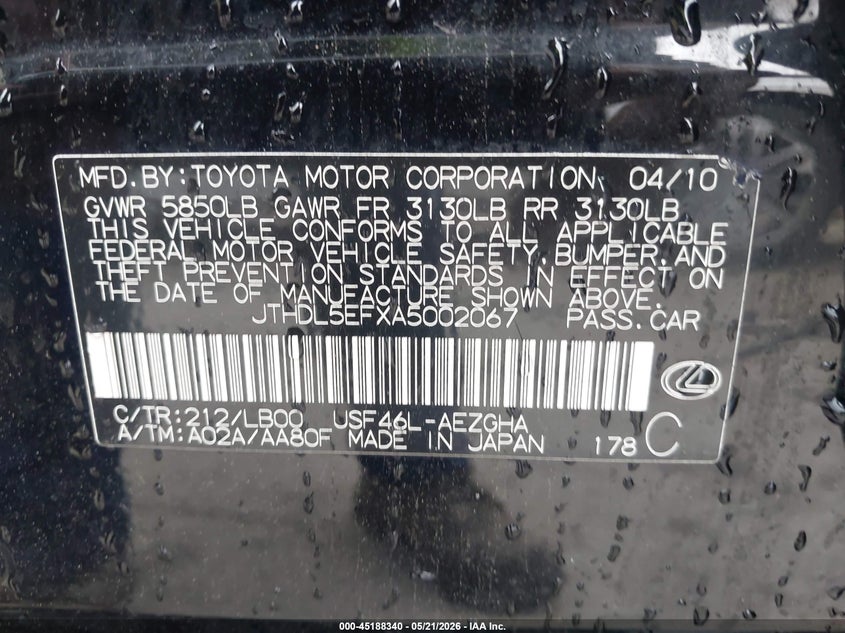 2010 Lexus Ls 460 L VIN: JTHDL5EFXA5002067 Lot: 45188340