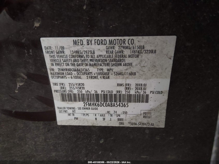 2010 Ford Flex Limited VIN: 2FMHK6DC0ABA54365 Lot: 45188386