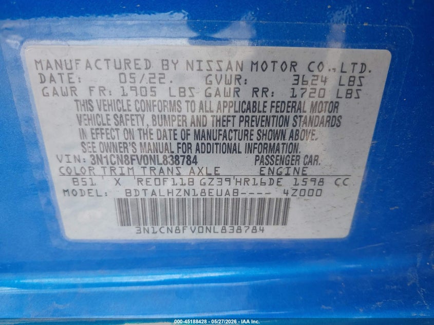 2022 Nissan Versa 1.6 Sr Xtronic Cvt VIN: 3N1CN8FV0NL838784 Lot: 45188428