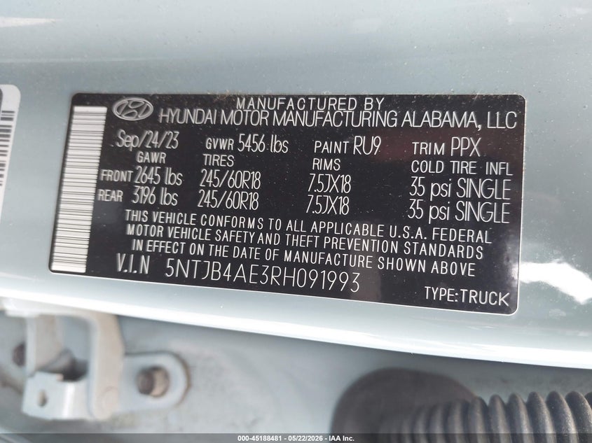 2024 Hyundai Santa Cruz Sel VIN: 5NTJB4AE3RH091993 Lot: 45188481