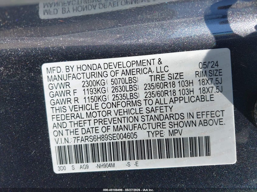 VIN 7FARS6H89SE004605 2025 HONDA CR-V HYBRID SPORT-L