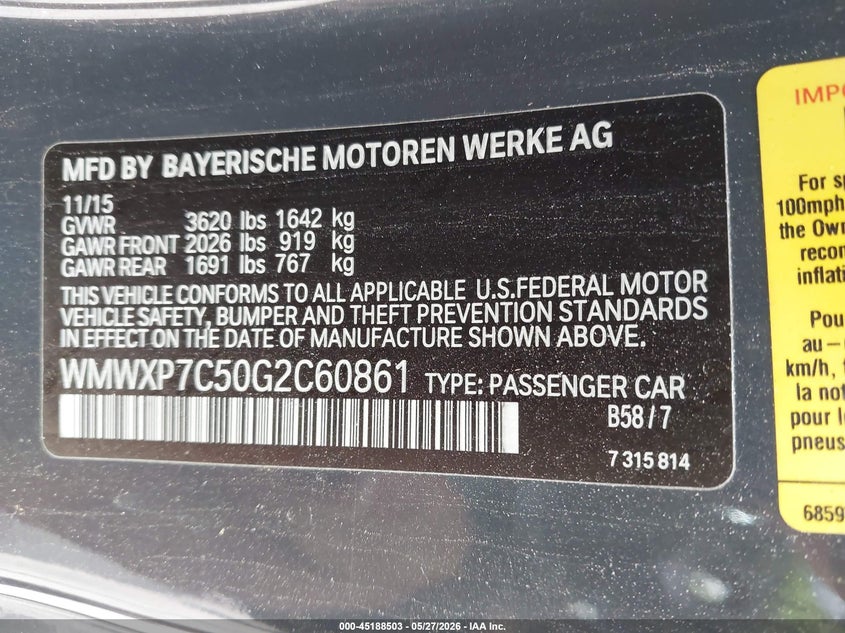 2016 Mini Hardtop Cooper S VIN: WMWXP7C50G2C60861 Lot: 45188503