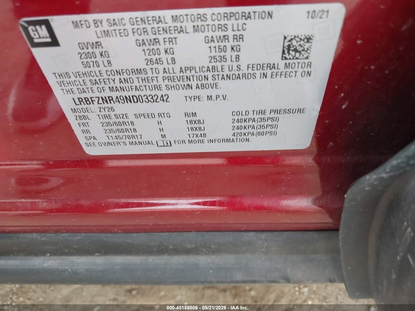 2022 Buick Envision Fwd Essence VIN: LRBFZNR49ND033242 Lot: 45188506