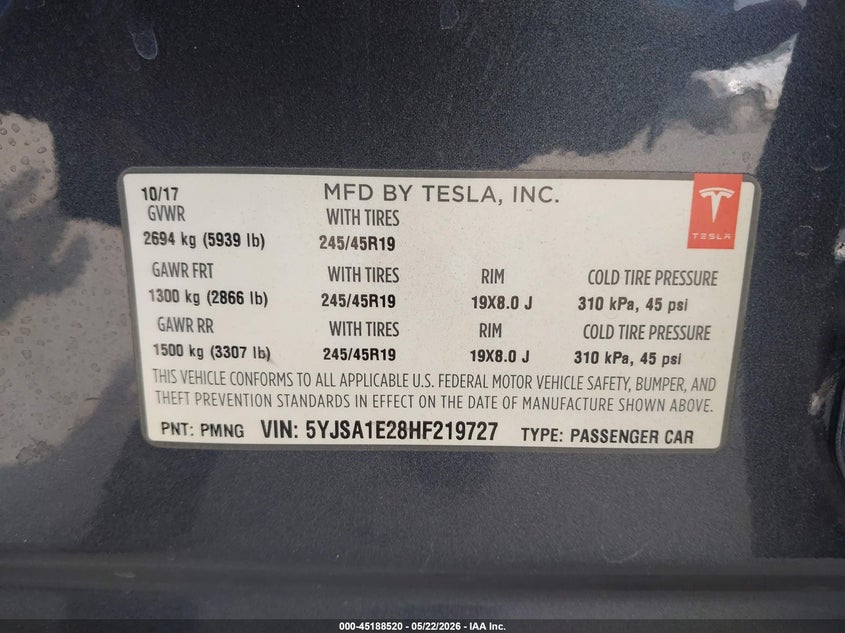 2017 Tesla Model S 100D/60D/75D/90D/P100D VIN: 5YJSA1E28HF219727 Lot: 45188520