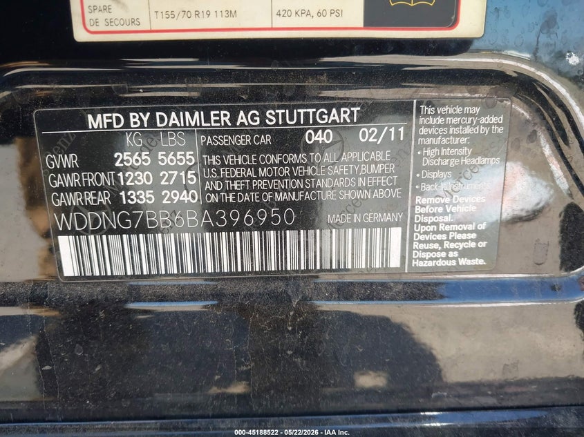 2011 Mercedes-Benz S 550 VIN: WDDNG7BB6BA396950 Lot: 45188522