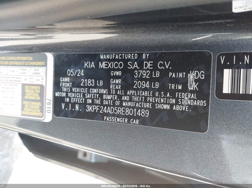 2024 KIA FORTE SEDAN 2.0L I-4 DOHC, VVT, 147HP