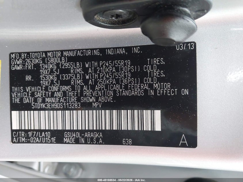 TOYOTA HIGHLANDER 2013 VIN 5TDYK3EH9DS113283