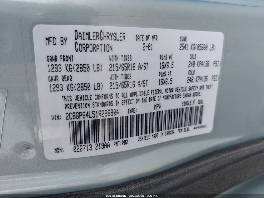 2001 Chrysler Town & Country Limited VIN: 2C8GP64L51R296804 Lot: 45188606