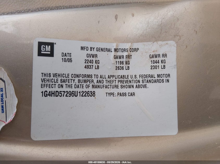 2006 Buick Lucerne Cxl VIN: 1G4HD57296U122638 Lot: 45188638