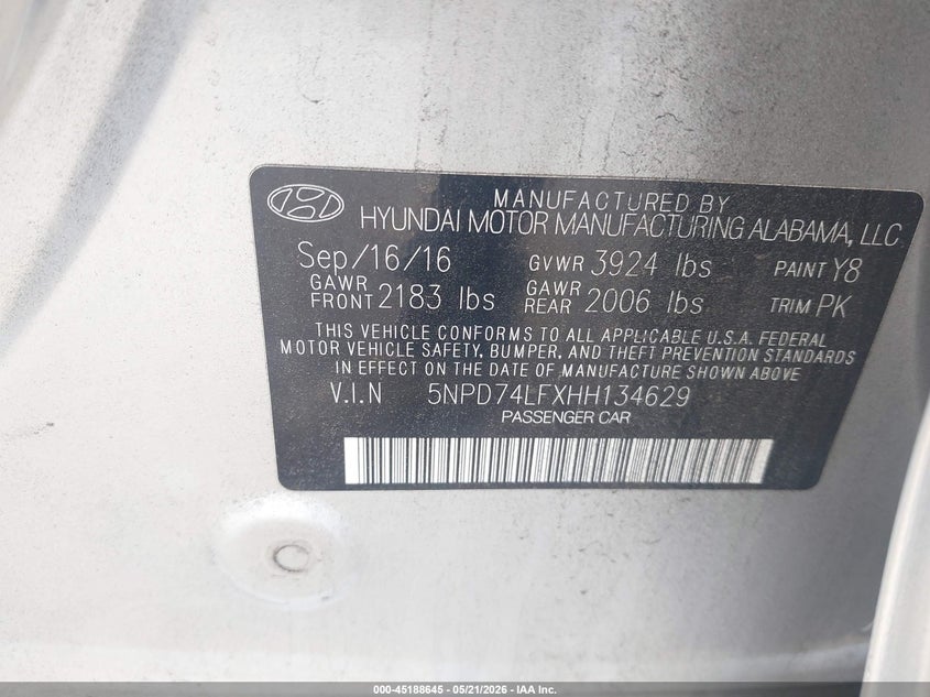 VIN 5NPD74LFXHH134629 2017 HYUNDAI ELANTRA SE