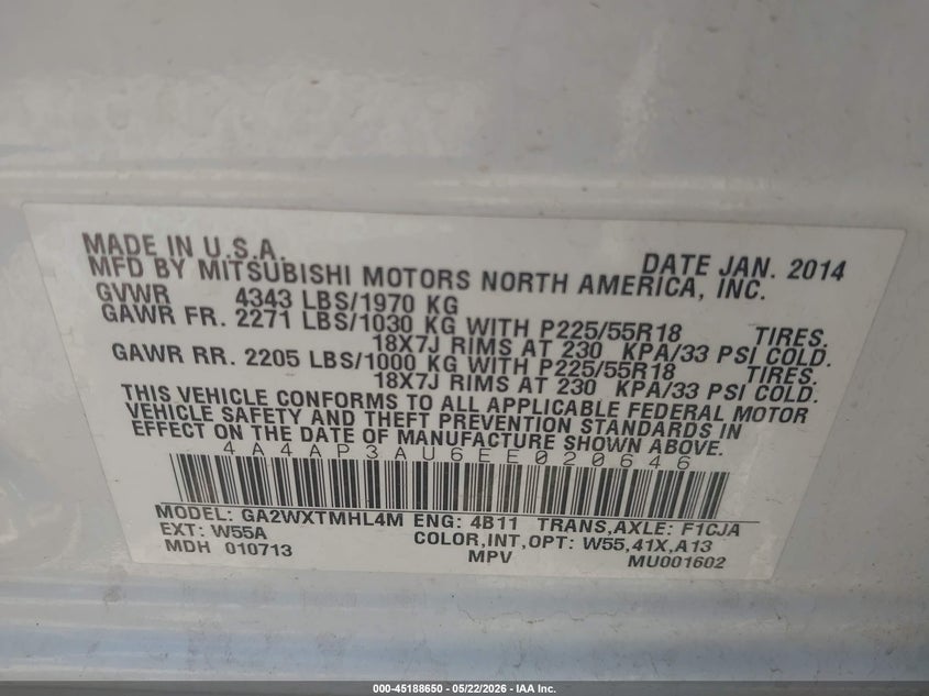 2014 Mitsubishi Outlander Sport Es VIN: 4A4AP3AU6EE020646 Lot: 45188650