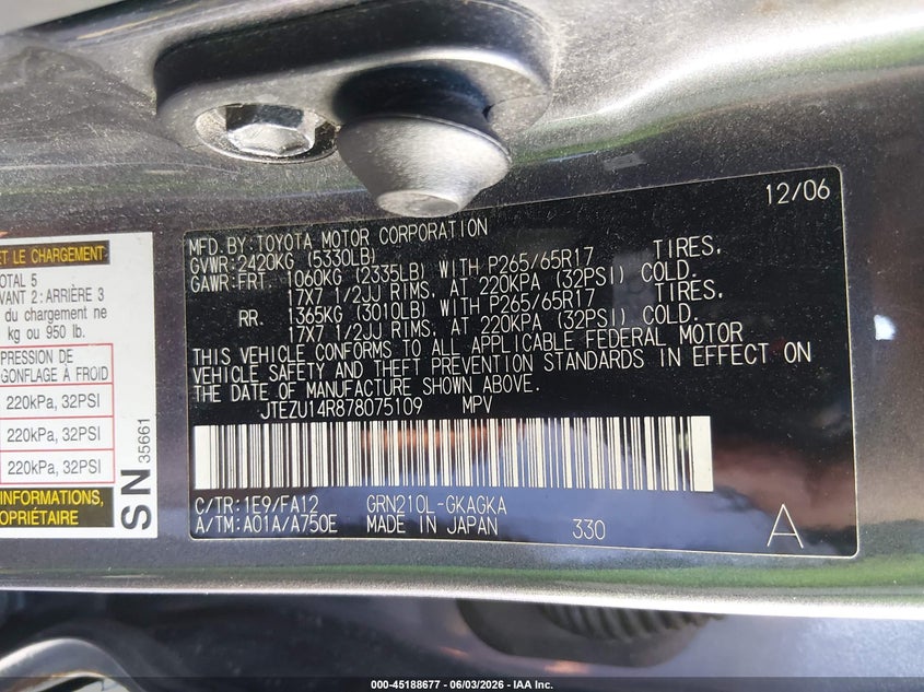 2007 Toyota 4Runner Sr5 V6 VIN: JTEZU14R878075109 Lot: 45188677