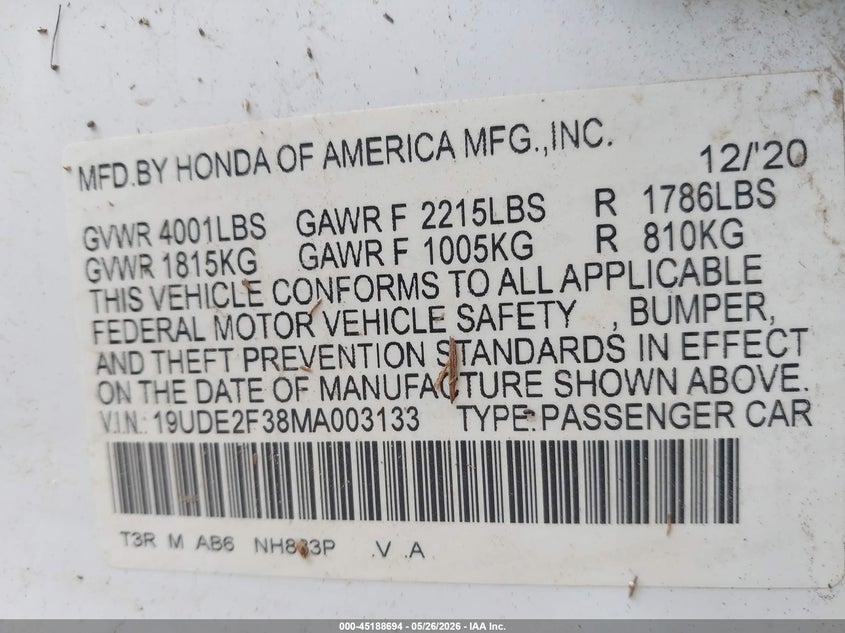 2021 Acura Ilx Standard VIN: 19UDE2F38MA003133 Lot: 45188694