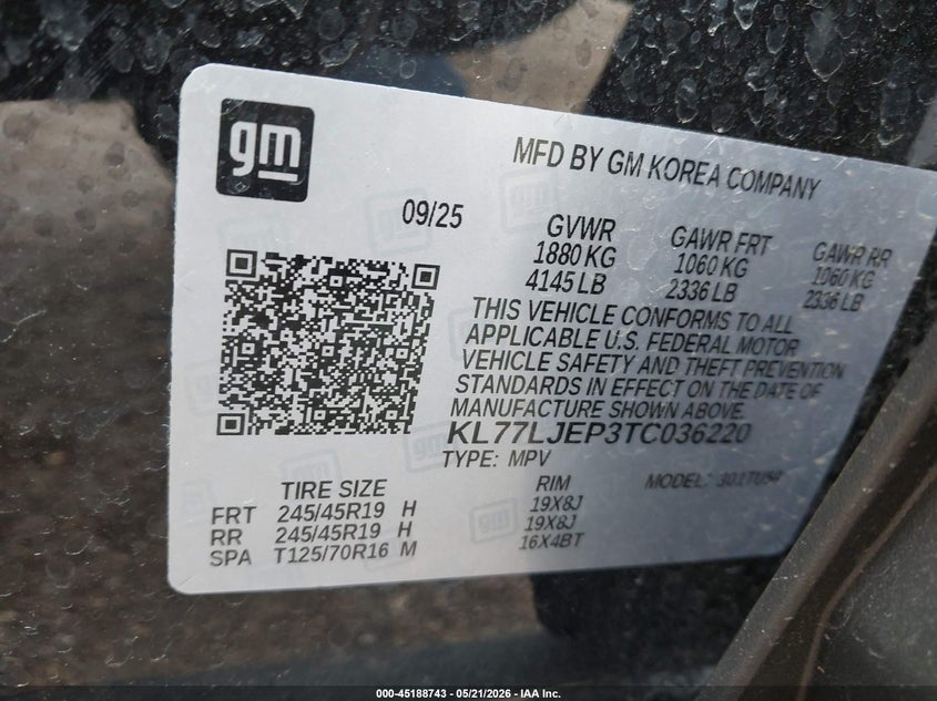 2026 CHEVROLET TRAX 1.2L I-3 DI, DOHC, V(VIN: KL77LJEP3TC036220
