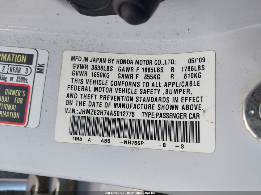 2010 Honda Insight Ex VIN: JHMZE2H74AS012775 Lot: 45188778