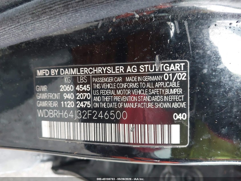 2002 Mercedes-Benz C 320 VIN: WDBRH64J32F246500 Lot: 45188783