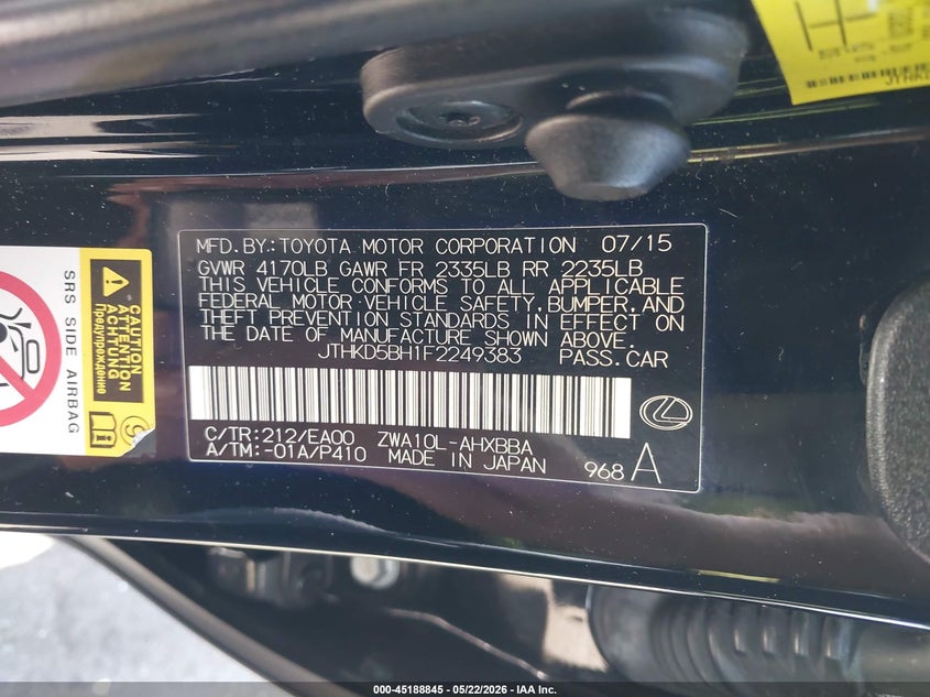 2015 Lexus Ct 200H VIN: JTHKD5BH1F2249383 Lot: 45188845
