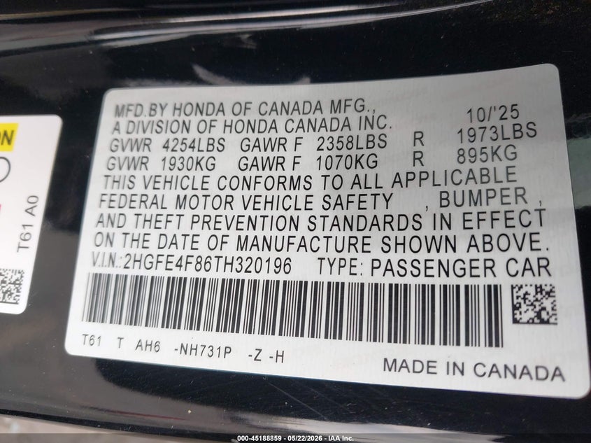 VIN 2HGFE4F86TH320196 2026 HONDA CIVIC HYBRID SPORT/SPORT TOURING