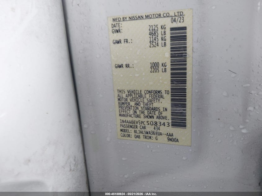 2023 NISSAN MAXIMA 3.5L V-6 DI, DOHC, V(VIN: 1N4AA6EV5PC508343