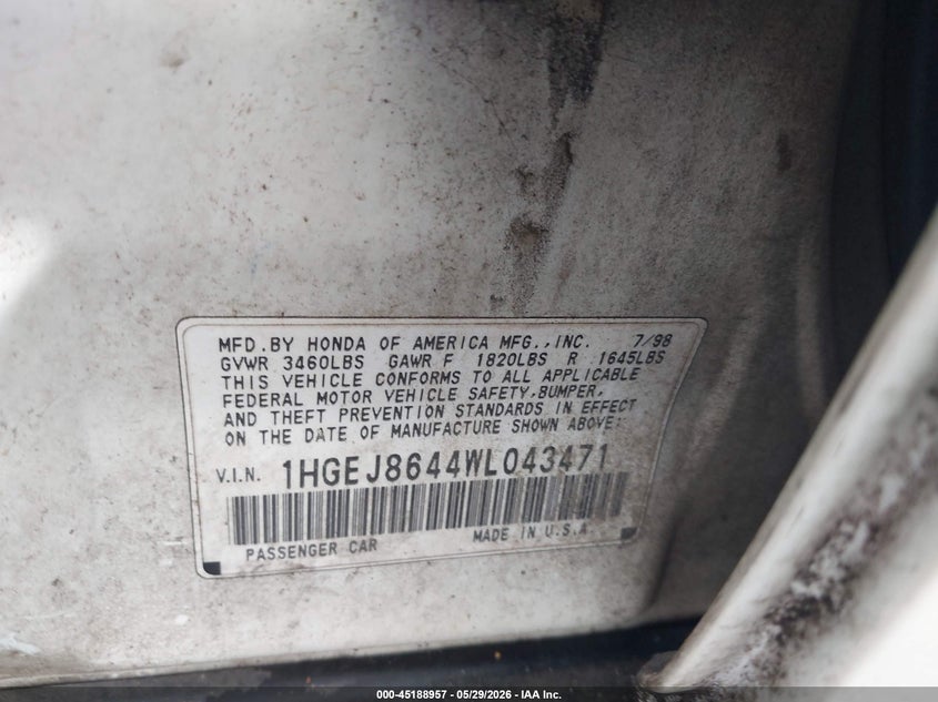 1998 Honda Civic Ex VIN: 1HGEJ8644WL043471 Lot: 45188957