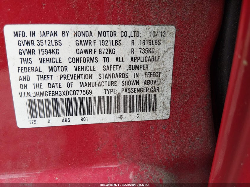 2011 Honda Fit VIN: JHMGE8H3XBC077569 Lot: 45188971