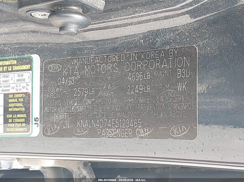 2014 Kia Cadenza Premium VIN: KNALN4D74E5123465 Lot: 45188986