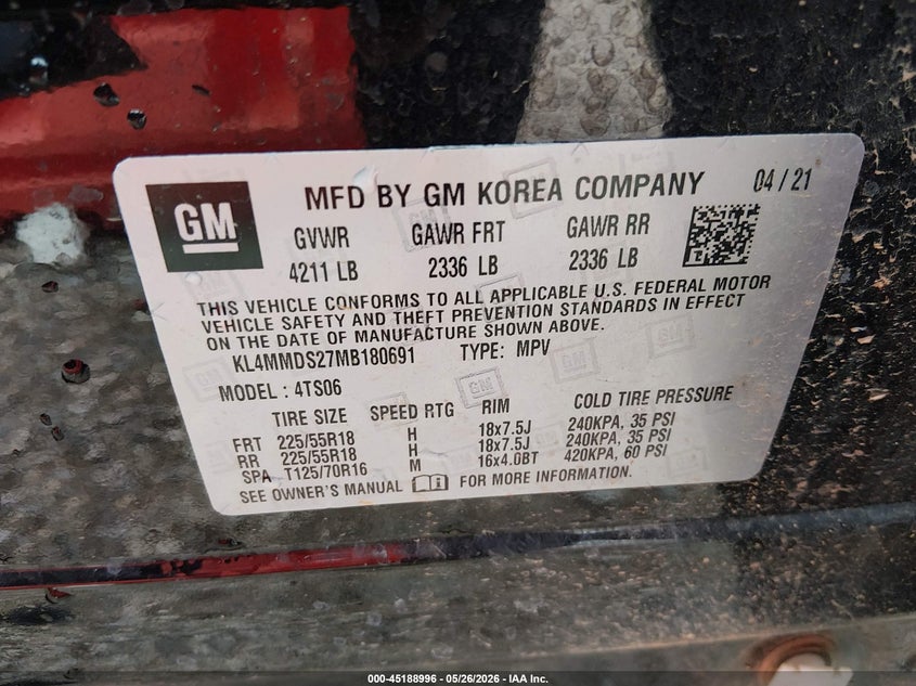 2021 Buick Encore Gx Fwd Select VIN: KL4MMDS27MB180691 Lot: 45188996