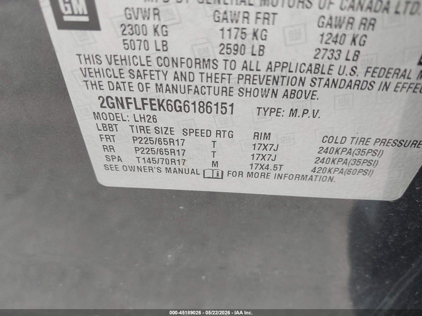 CHEVROLET EQUINOX 2016 VIN 2GNFLFEK6G6186151