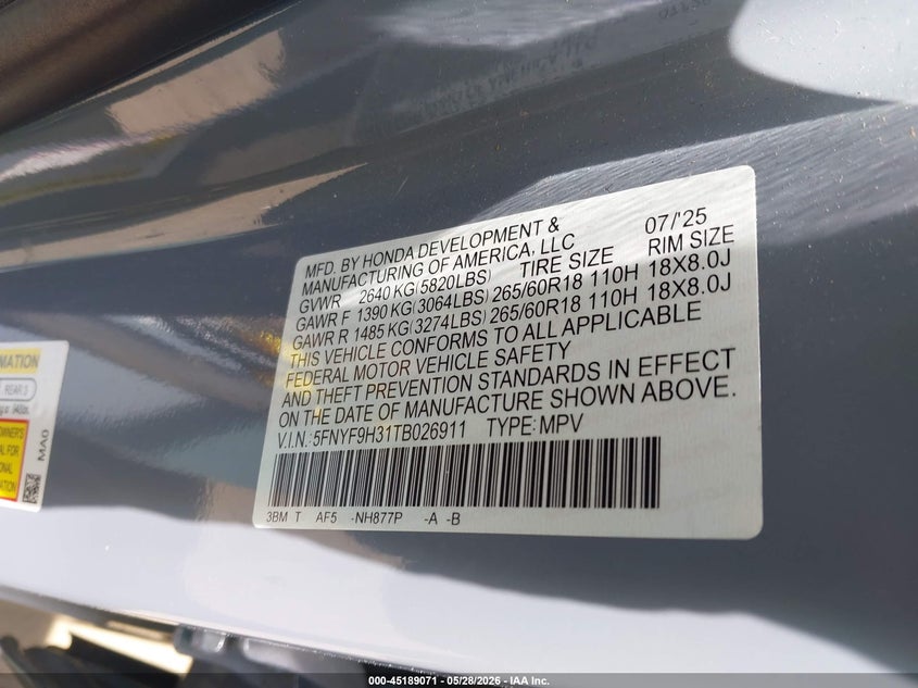 2026 Honda Passport Awd Rtl/Awd Rtl Blackout/Awd Rtl Towing VIN: 5FNYF9H31TB026911 Lot: 45189071