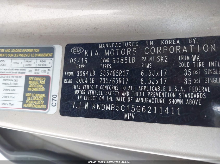 2016 Kia Sedona Lx VIN: KNDMB5C15G6211411 Lot: 45189079