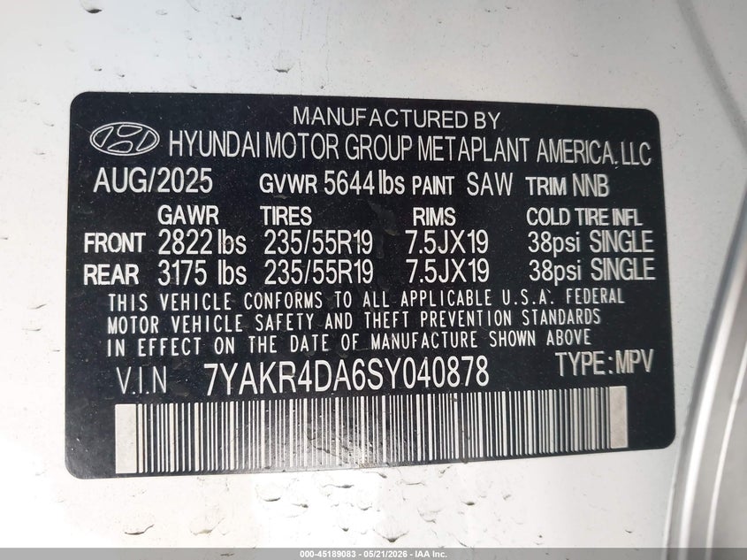 2025 Hyundai Ioniq 5 Limited VIN: 7YAKR4DA6SY040878 Lot: 45189083