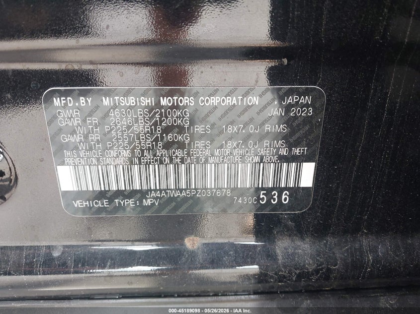 2023 Mitsubishi Eclipse Cross Se S-Awc/Sel S-Awc VIN: JA4ATWAA5PZ037678 Lot: 45189098