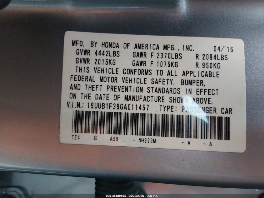2016 Acura Tlx VIN: 19UUB1F39GA011457 Lot: 45189164