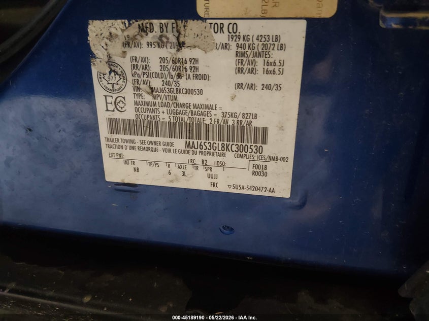 2019 Ford Ecosport Se VIN: MAJ6S3GL8KC300530 Lot: 45189190