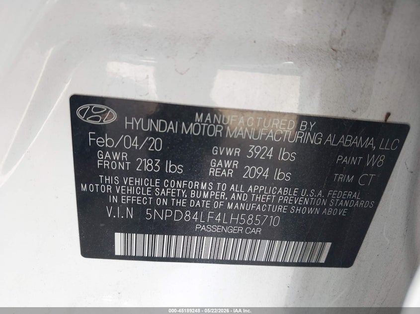 VIN 5NPD84LF4LH585710 2020 HYUNDAI ELANTRA SEL