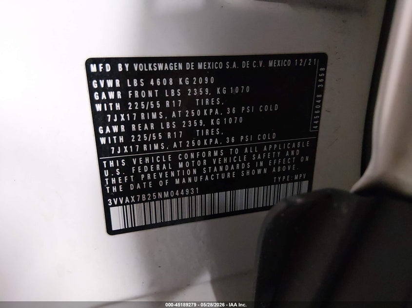 2022 Volkswagen Taos 1.5T S VIN: 3VVAX7B25NM044931 Lot: 45189279
