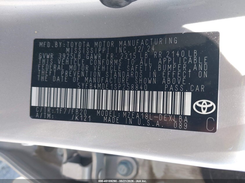2025 TOYOTA COROLLA 2.0L I-4 DI, DOHC, V(VIN: 5YFB4MDE1SP258840