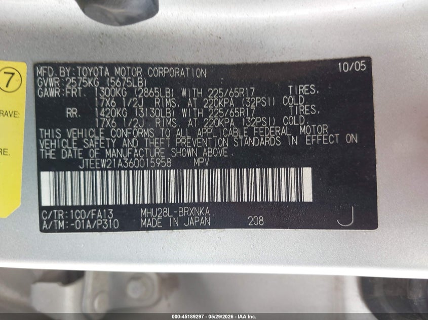 2006 Toyota Highlander Hybrid V6 VIN: JTEEW21A360015958 Lot: 45189297