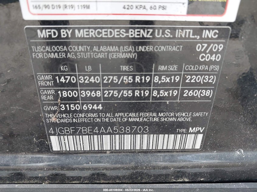2010 Mercedes-Benz Gl 450 4Matic VIN: 4JGBF7BE4AA538703 Lot: 45189304