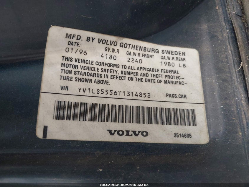 1996 Volvo 850 Glt VIN: YV1LS5556T1314852 Lot: 45189352