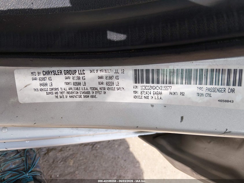 2012 Dodge Avenger Se VIN: 1C3CDZAGXCN315577 Lot: 45189358