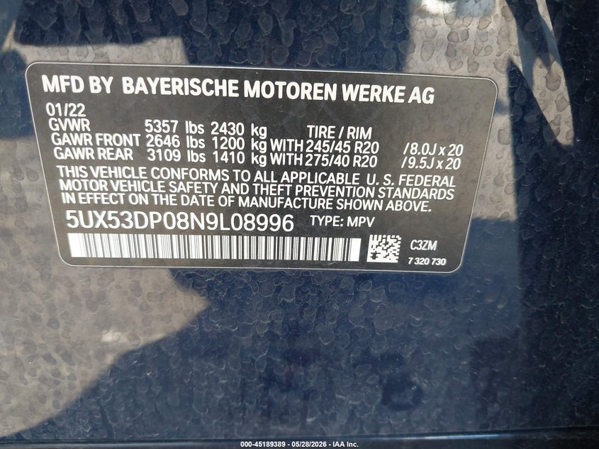 VIN: 5UX53DP08N9L08996 2022 BMW X3 XDRIVE30I