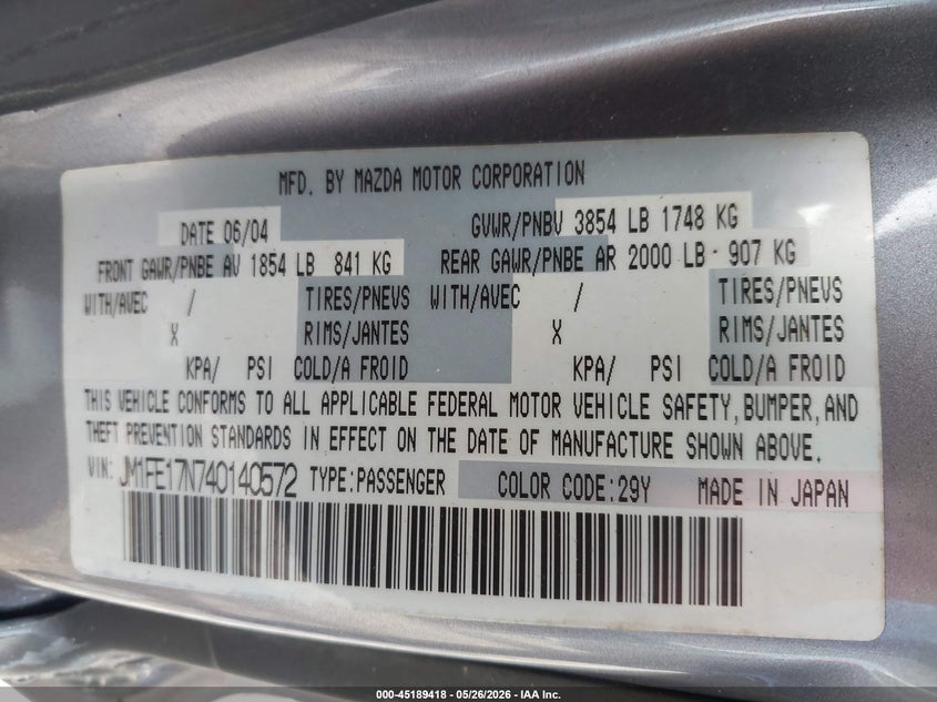 2004 Mazda Rx-8 Sport Automatic VIN: JM1FE17N740140572 Lot: 45189418