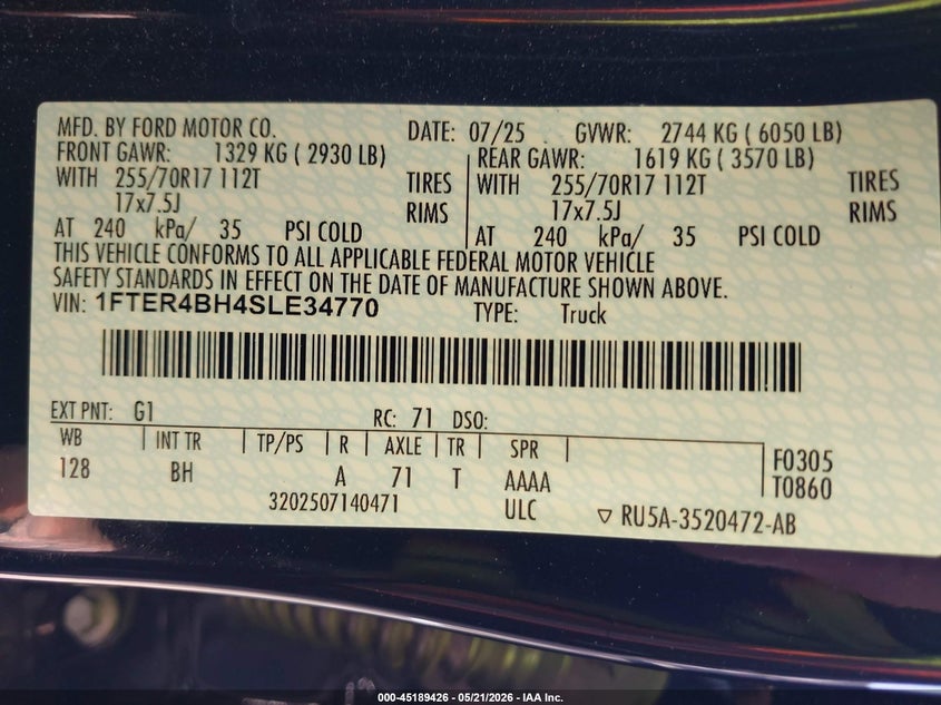2025 FORD RANGER 2.3L I-4 DI, DOHC, V(VIN: 1FTER4BH4SLE34770