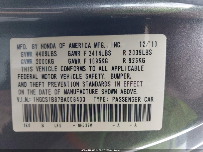 2011 HONDA ACCORD COUPE 2.4L I-4 DOHC, VVT, 190HP