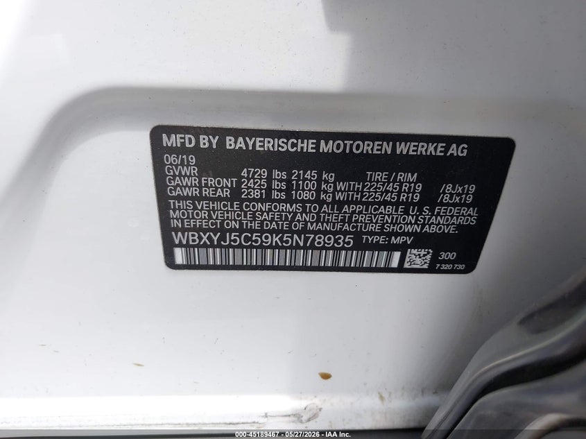 2019 BMW X2 xDrive28I VIN: WBXYJ5C59K5N78935 Lot: 45189467